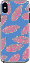 Apple iPhone X/10/XS Telefoonhoesje - Transparant Siliconenhoesje - Flexibel - Met Plantenprint - Tropische Blaadjes - Donkerblauw