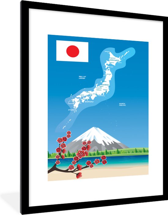 Fotolijst incl. Poster - Een illustratie van een kaart van Japan en Mount Fuji - 60x80 cm - Posterlijst