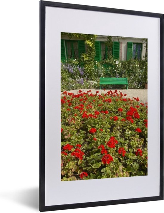 Fotolijst incl. Poster - Bankje met bloemen in de Franse tuin van Monet in Europa - 40x60 cm - Posterlijst