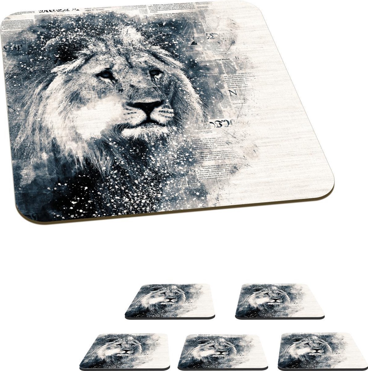 Onderzetters voor glazen - Leeuw - Krant - Blauw - 10x10 cm - Glasonderzetters - 6 stuks