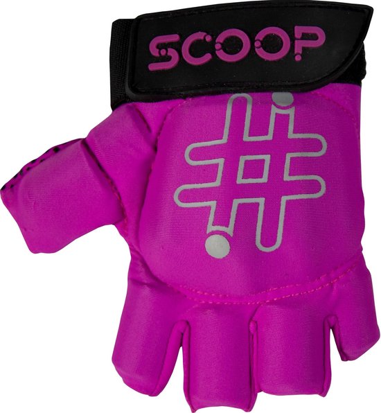 Gant de fitness Scoop rose avec logo # et doigts ouverts.