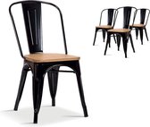 Set van 4 Rustiek Design Stoelen met Houten Zitting en Metalen Frame in Zwart