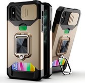 Sliding Camera Cover Design PC + TPU schokbestendig hoesje met ringhouder en kaartsleuf voor iPhone XS / X (goud)