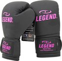 Zwarte bokshandschoenen met roze 'LEGEND SPORTS' logo en 12 OZ op de polsband.