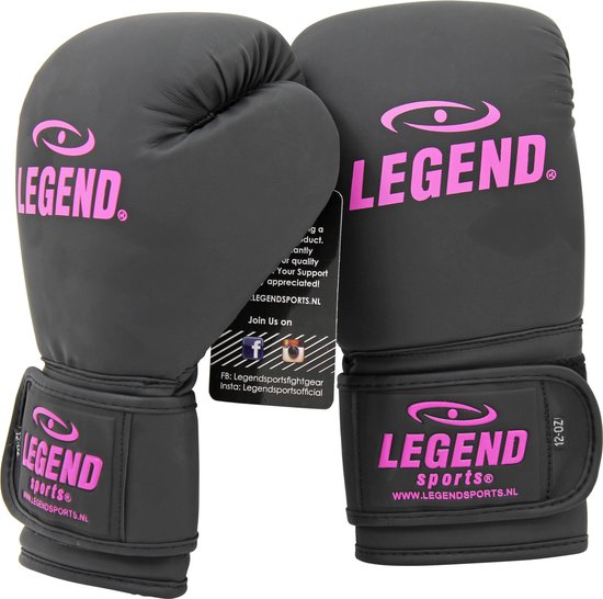 Zwarte bokshandschoenen met roze 'LEGEND SPORTS' logo en 12 OZ op de polsband.