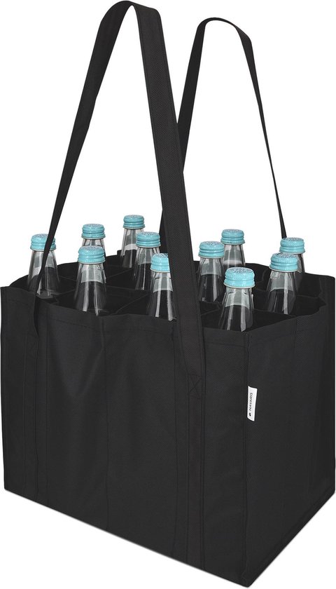 Navaris flessentas - Herbruikbare boodschappentas - Voor 12 flessen, wijnflessen en waterflessen - Scheurvast en wasbaar - 26 x 35 x 27 cm - Zwart
