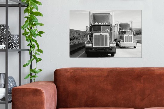 Tableau sur toile Camions sur l'autoroute - noir et blanc - 90x60 cm - Décoration murale