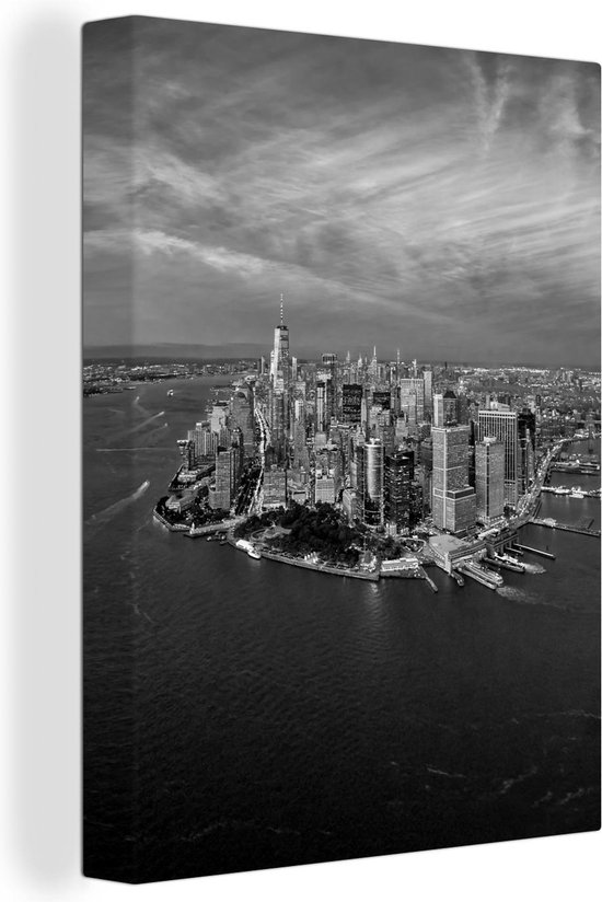 Canvas Schilderij New York aan het water - zwart wit - 90x120 cm - Wanddecoratie