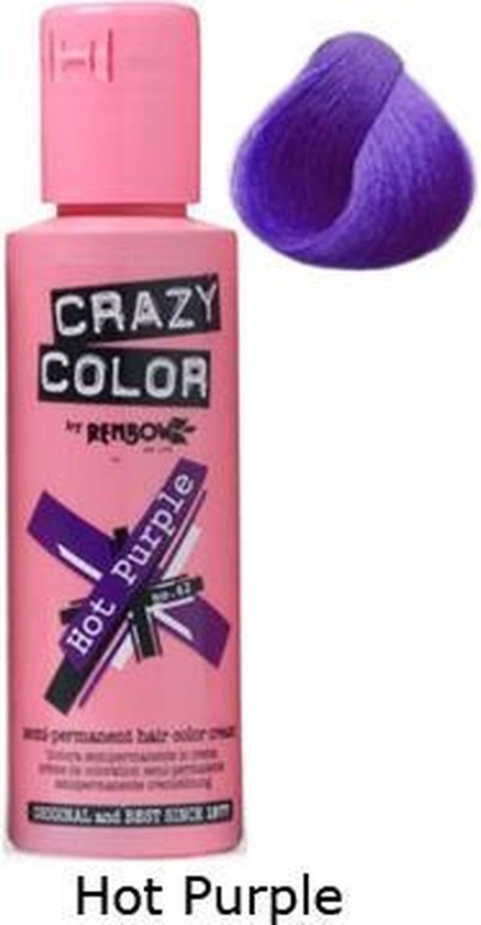 Roze flesje Crazy Color Hot Purple no.62 met een paarse coupe haar ernaast.