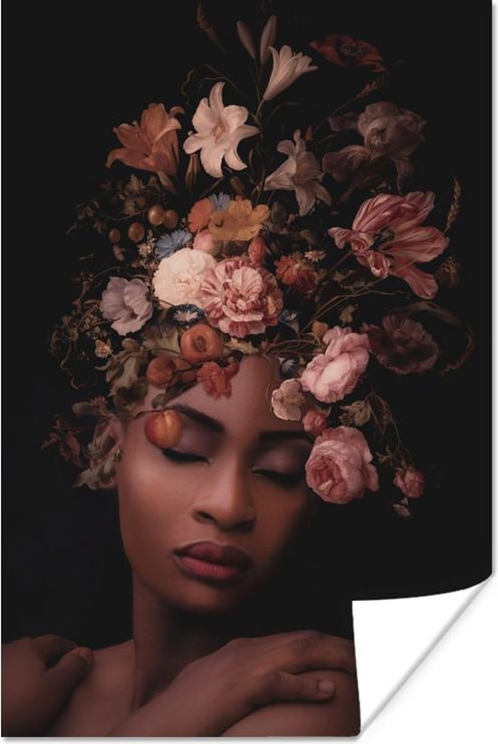 Poster Vrouwen - Bloemen - Zwart - 20x30 cm