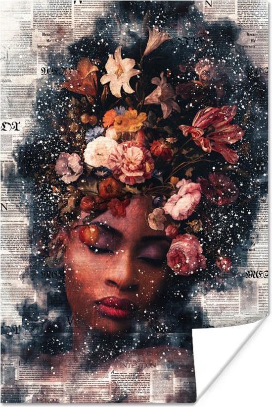 Poster Vrouw - Verf - Bloemen - 20x30 cm