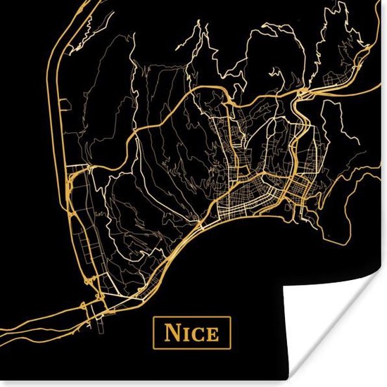 Poster Carte - Nice - Zwart - Or - 100x100 cm XXL