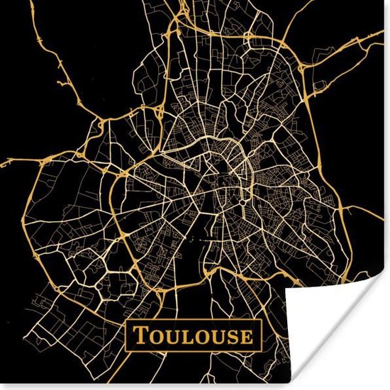 Poster Kaart - Toulouse - Zwart - Goud - 50x50 cm