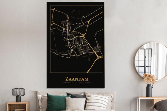 Toile Peinture Carte - Zaandam - Or - Zwart - 120x180 cm - Décoration murale XXL