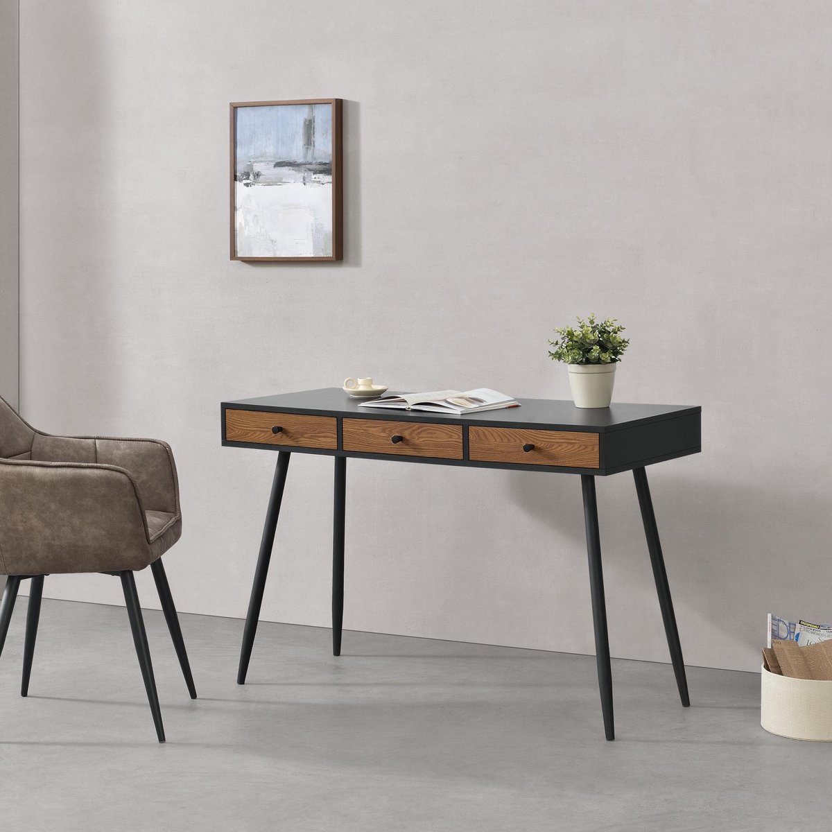 Tumba bureau werkplek tafel met 3 laden 75x115x48 cm donker houtlook zwart