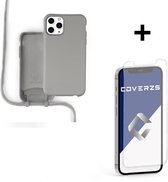 Coverzs Silicone case met koord - Telefoonhoesje met koord - Backcover hoesje met koord - touwtje - geschikt voor Apple iPhone 12 Pro Max - grijs + glazen Screen Protector