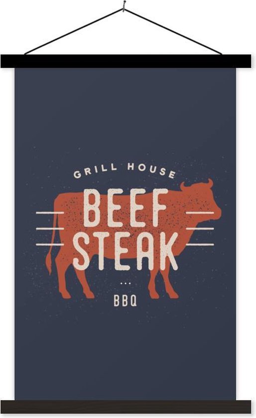 Porte-affiche avec affiche - Affiche scolaire - BBQ - Mancave - Steak - 40x60 cm - Lattes noires