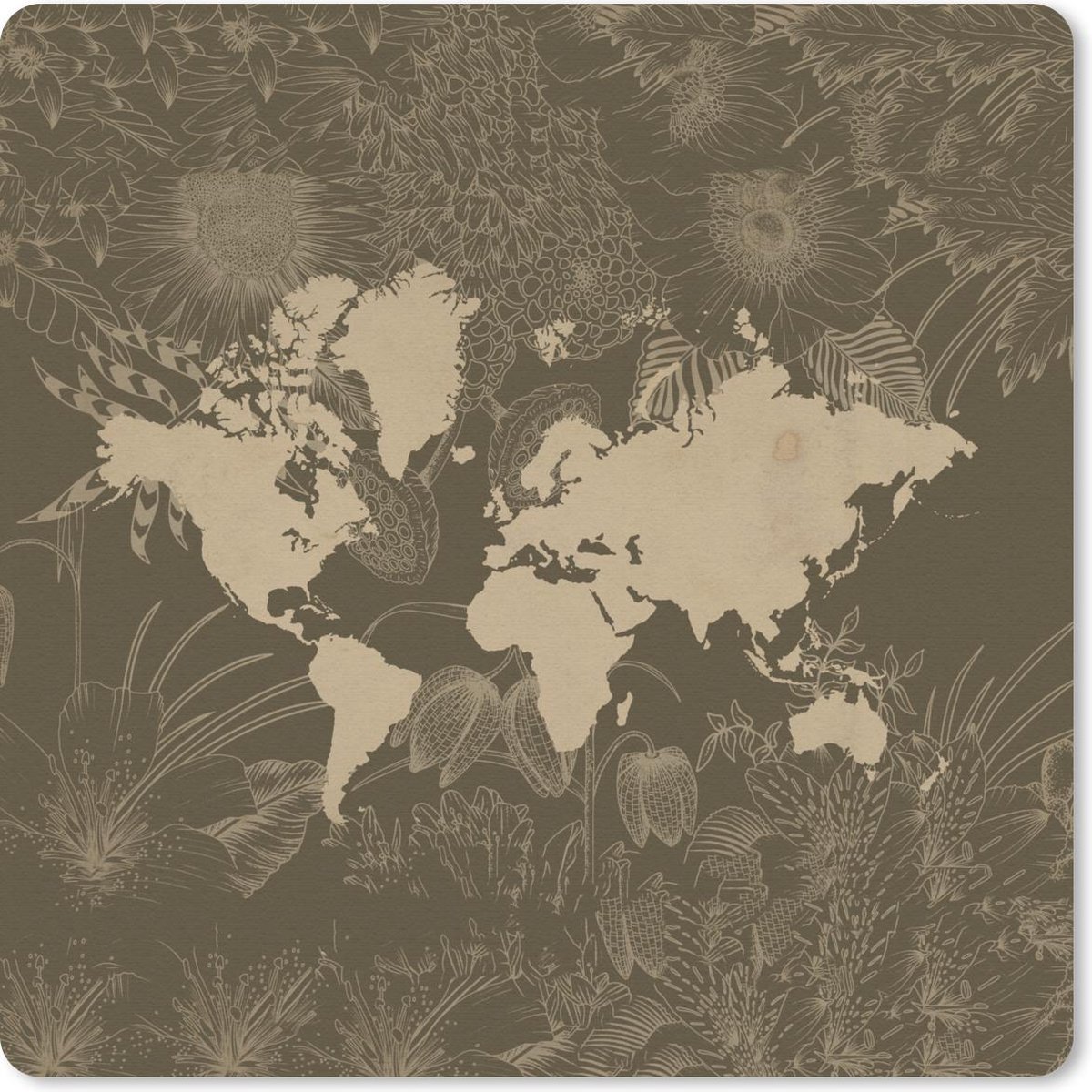 Muismat 20x20 cm - Mousepad Wereldkaart - Planten - Bruin - Muismatten