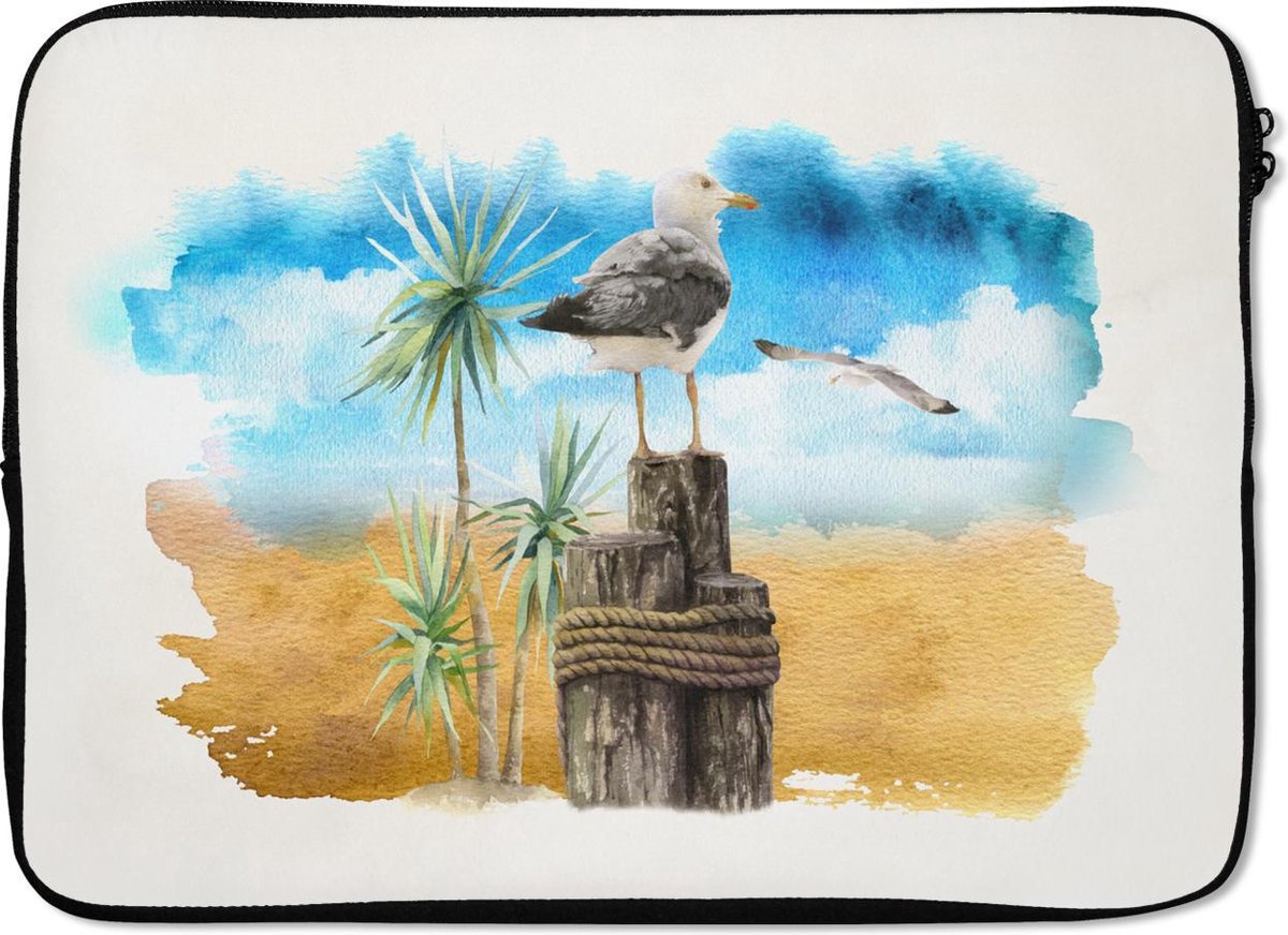 Laptophoes 14 inch - Vogel - Paal - Strand - Laptop sleeve - Binnenmaat 33x23 cm - Zwarte achterkant