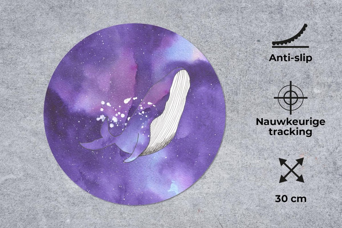 Muismat rond 30x30 cm - Mousepad Walvis - Paars - Waterverf - Ronde muismatten