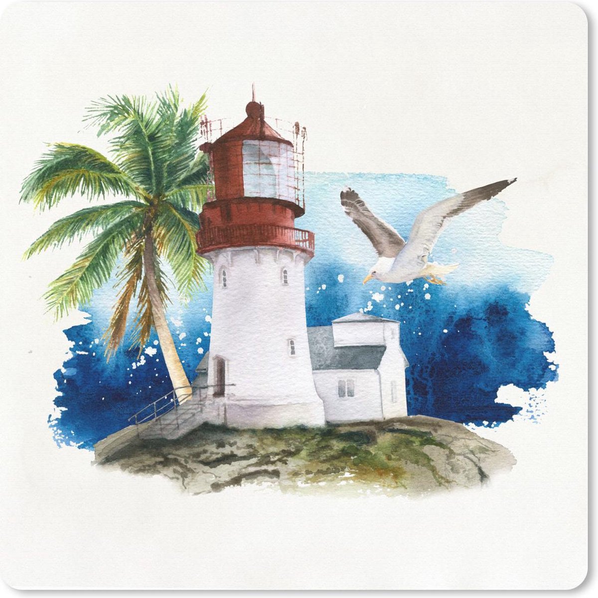Muismat 30x30 cm - Mousepad Vuurtoren - Vogel - Waterverf - Muismatten