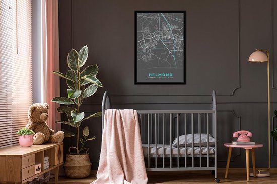 Poster in lijst - Fotolijst 80x120 cm - Posters - Plattegrond - Helmond - Grijs - Blauw - Posterlijst zwart - Decoratie - Wanddecoratie woonkamer - Muurdecoratie slaapkamer