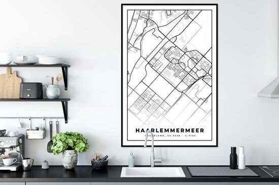 Affiche avec cadre Carte - Haarlemmermeer - Zwart - Wit - 60x90 cm