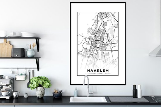 Affiche avec cadre Carte - Haarlem - Zwart - Wit - 80x120 cm