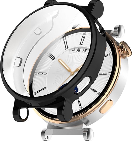 Zwart TPU hoesje met transparant scherm, geplaatst op een Huawei Watch GT 4 (41mm) met witte wijzerplaat.