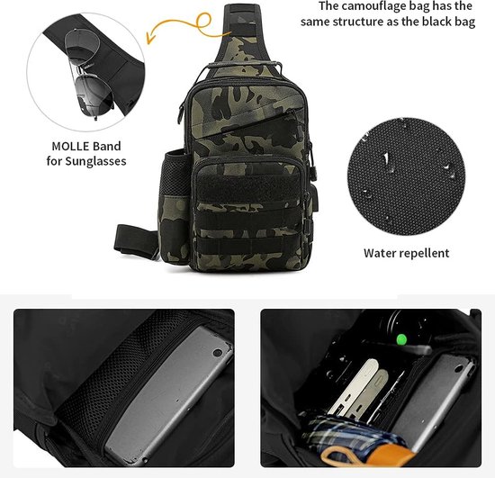 Sac de poitrine tactique avec porte-bouteille d'eau, sac à dos militaire à  connexion USB