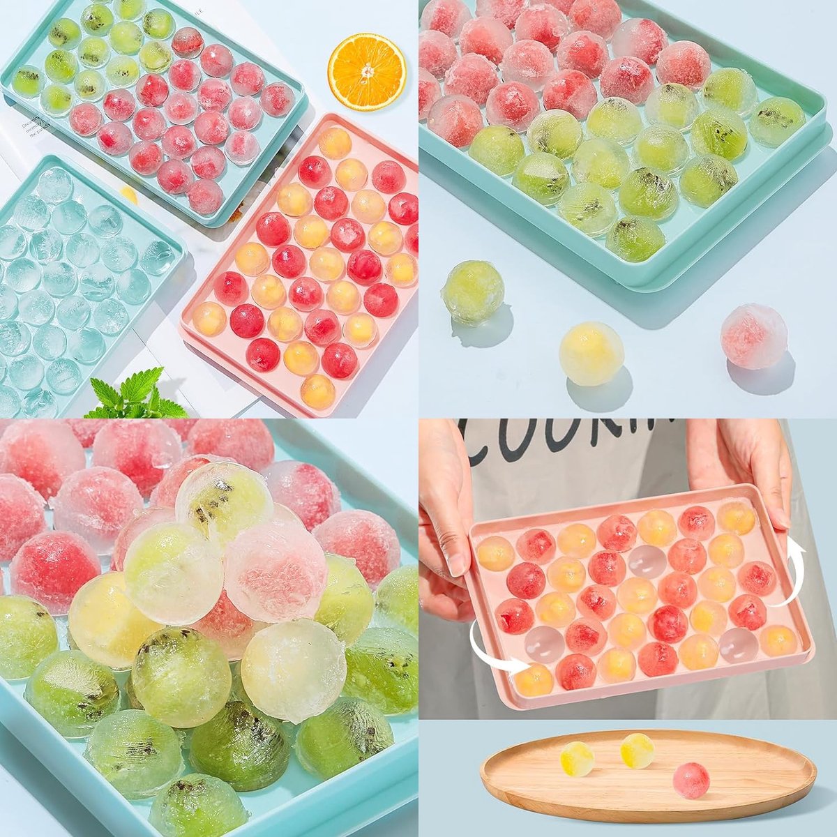 Ronde ijsblokjesvorm met deksel, ijsblokjesvorm voor vriezer met container, mini-ijsblokjesschaal in bolvorm, ijs, cocktail, whisky, thee, koffie (3 roze dienbladen, 1 ijsemmer en een lepel