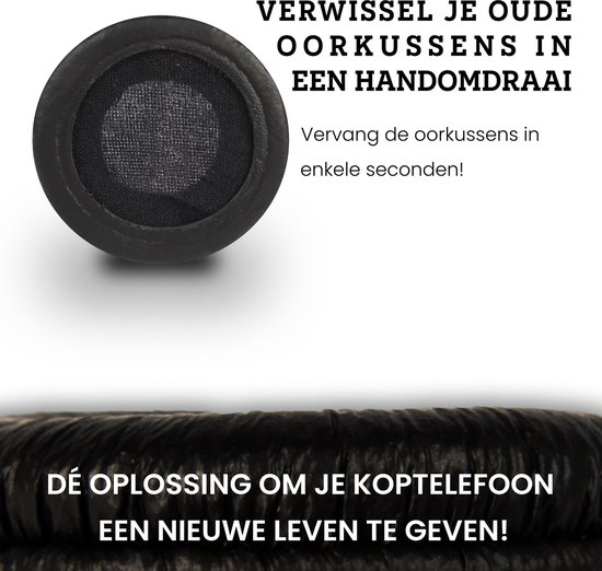 Een zwart oorkussen met mesh in het midden, met tekst over het vervangen van oorkussens.
