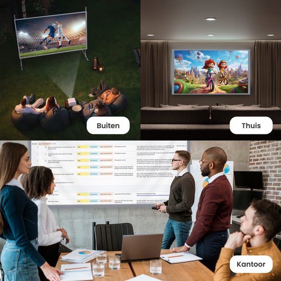 Collage van vier beelden: buitenprojectie van voetbal, thuisprojectie van tekenfilmfiguren, kantoorvergadering en close-up van code op een scherm.
