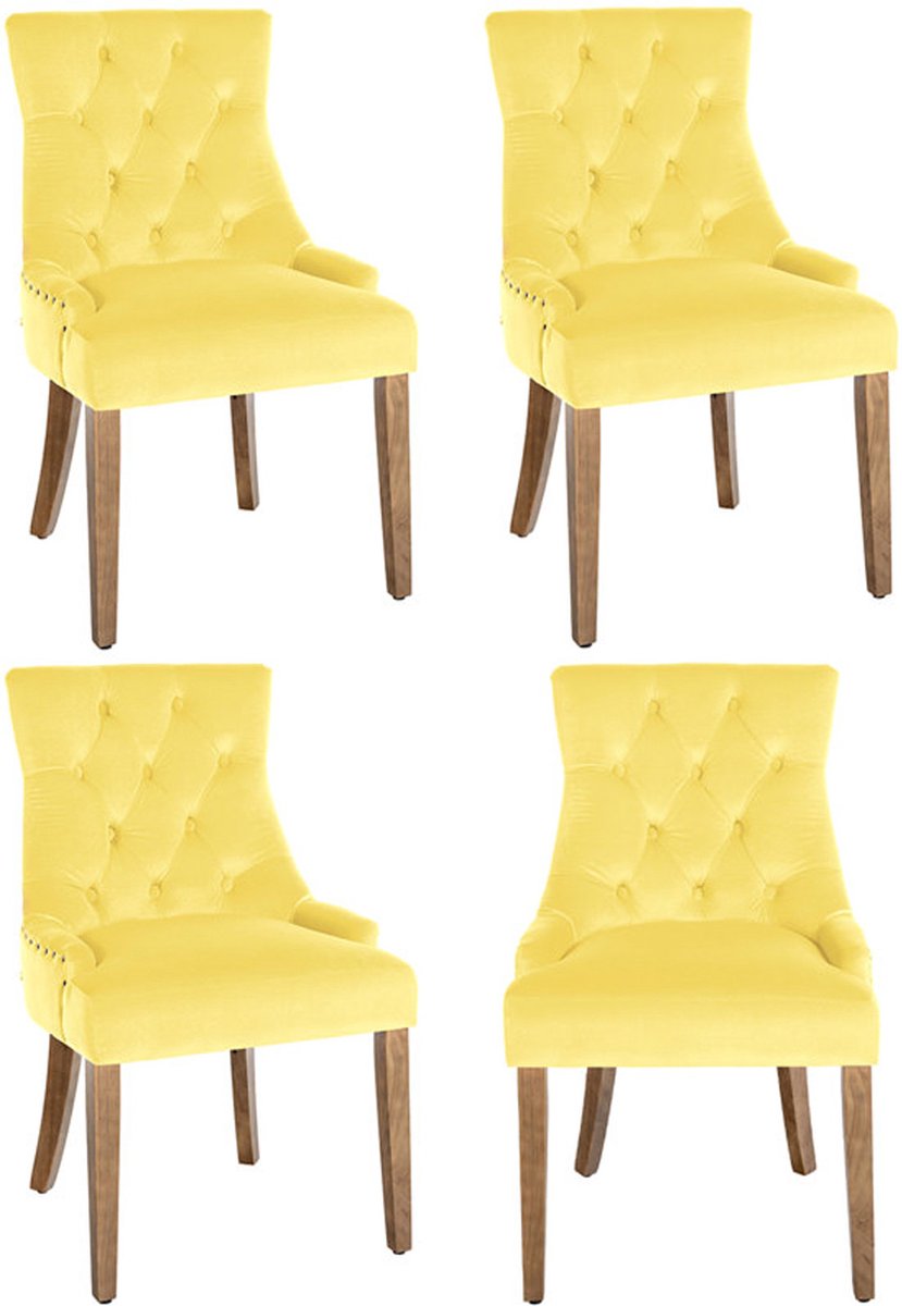 CLP Aberdeen Set van 4 eetkamerstoelen - Zonder armleuning - Hout - Fluweel - geel antiek