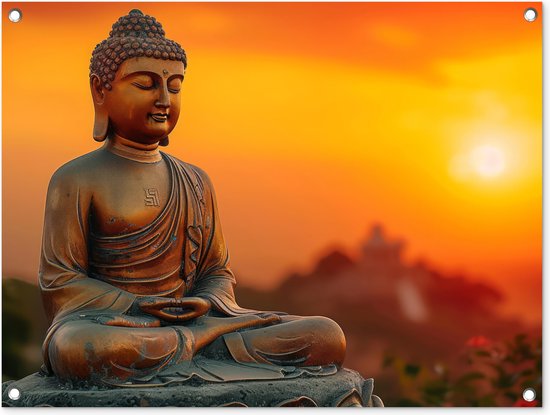 Tuinposter Boeddha - Tuindecoratie Buddha zonsondergang - 80x60 cm - Wanddecoratie voor buiten - Schutting decoratie - Buitenposter Boedha beeld - Schuttingdoek - Tuindoeken - Tuin doek - Balkon poster