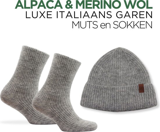 Norfolk - Luxe Italiaanse Baby Alpaca en Merino Wol Muts + Sokken Bundel - 36-40 - Apollo + Olympus