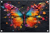 Tuinposter 60x40 cm - Tuindecoratie - Vlinder - Graffiti - Neon art - Kleurrijk - Kunst - Poster voor in de tuin - Buiten decoratie vlinders - Schutting tuinschilderij - Muurdecoratie - Buitenschilderijen - Tuindoek - Buitenposter..