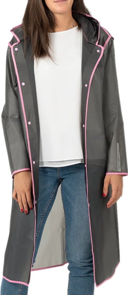 Semi transparante zwarte regenjas City Trench met roze bies S