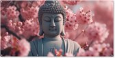 Affiche de clôture Bouddha - Statue - Sakura - Bouddha - Fleur de cerisier - 200x100 cm - Toile de jardin