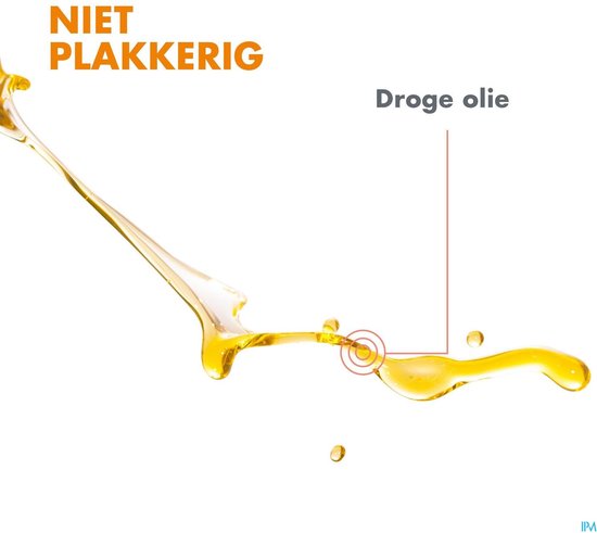 Gouden olie druppelt; 'NIET PLAKKERIG' en 'Droge olie' staat erbij.