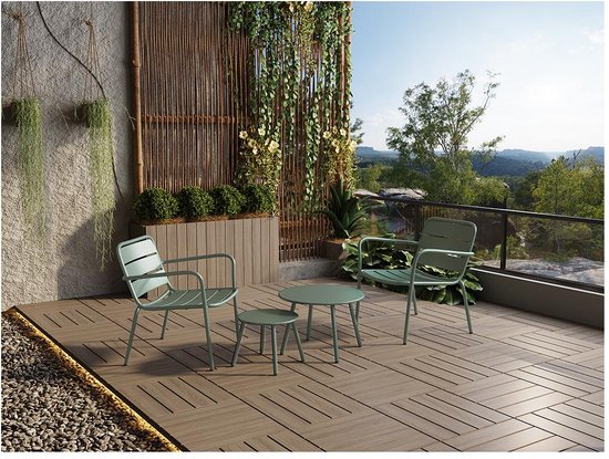 Salon De Jardin Métal 2 Fauteuils Bas Empilables + Table Ronde - Bleu Canard MIRMANDE - Vente-Unique