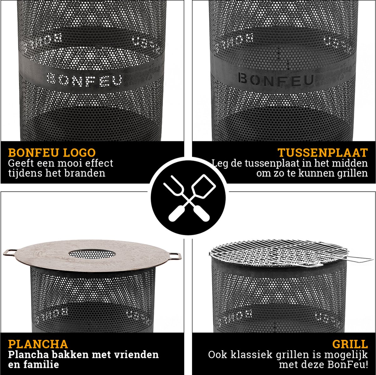 BonFeu BonVes Fire Basket 45 cm - With Grill Grate and Poker - Black