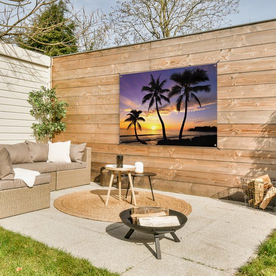 Affiche de jardin - Toile de jardin - Posters de jardin extérieur - Plage - Coucher de soleil - Palmiers - Tropical - 120x80 cm - Jardin