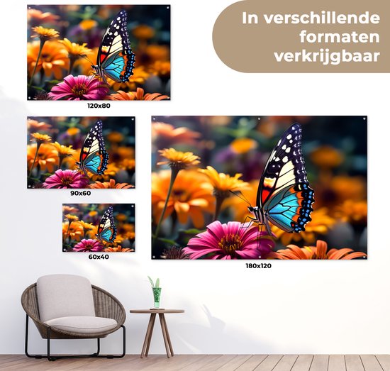 Tuinposter vlinder - Tuindecoratie - Vlinder op bloemen - 120x80 cm - Poster voor in de tuin - Buiten decoratie - Schutting tuinschilderij - Tuindoek muurdecoratie - Wanddecoratie balkondoek