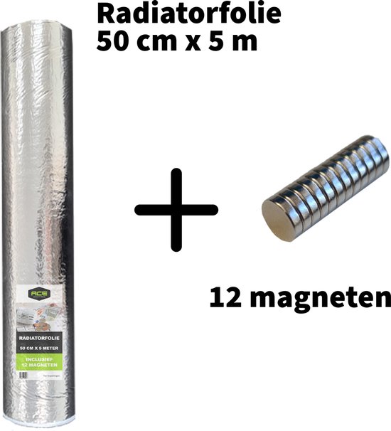 Ace Verpakkingen - Radiatorfolie inclusief 12 sterke magneten - 500cm × 50cm - Isolatie achter radiator - Verlaag je gasverbruik - Makkelijk en snelle bevestiging - Dubbele isolatie - 50cm × 5m - 2.5m²
