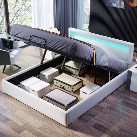 Sweiko Gestoffeerd bed, LED bed, 140*200cm, met lattenbod en opbergruimte, met verlicht hoofdeinde in diverse kleuren, wit, hoofdeinde, synthetisch leer