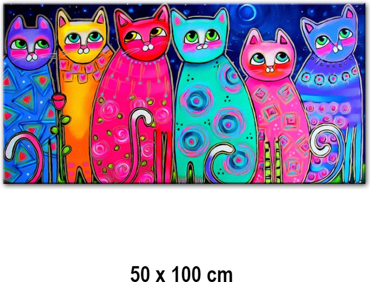 Allernieuwste.nl® Canvas Schilderij Kleurige Katten PopArt - Kunst - Poster - 50 x 100 cm