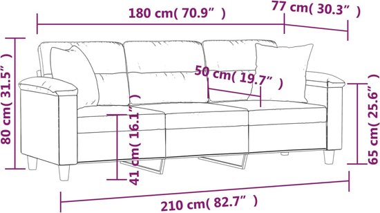 vidaXL - Driezitsbank - met - kussens - 180 - cm - microvezelstof - zwart