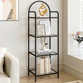 4-laags boekenkast van gehard glas, slanke plank voor slaapkamer, badkamer, thuiskantoor, stalen frame, zwart