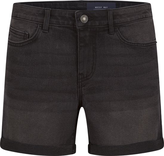 Short en jean noir avec ourlet retroussé, devant avec fermeture boutonnée et zip, et étiquette de marque.